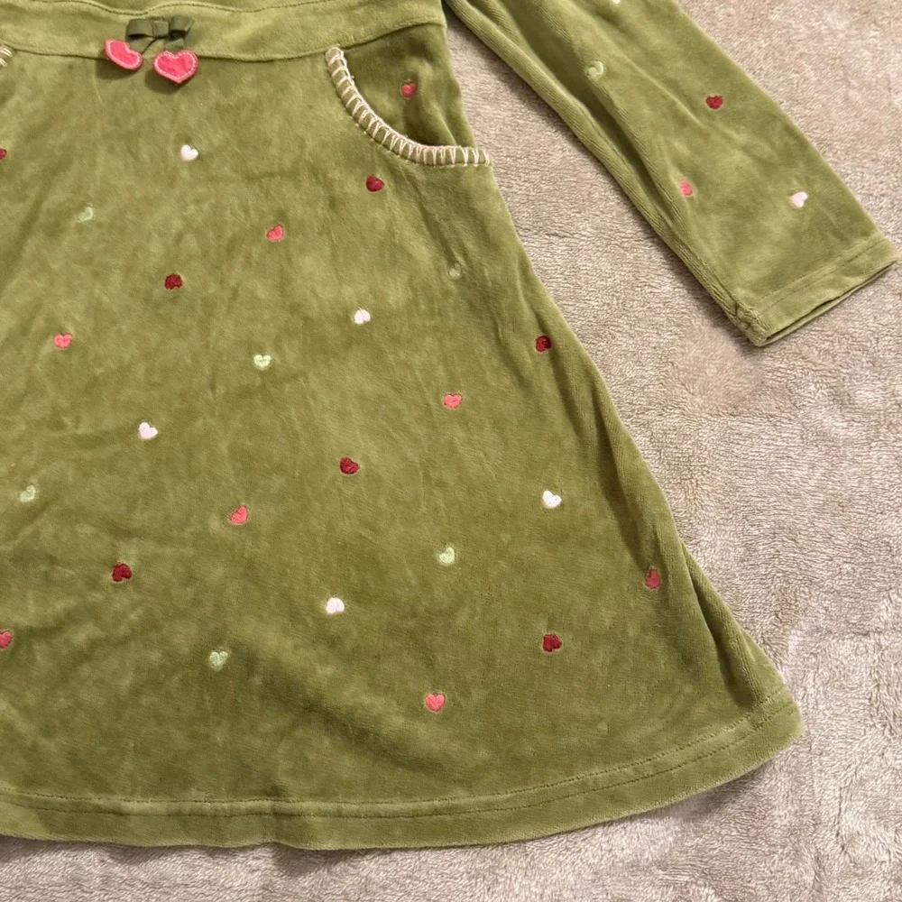 Gymboree Girls Olive Green Velour Hooded Heart Dress Long Sleeve Size 6